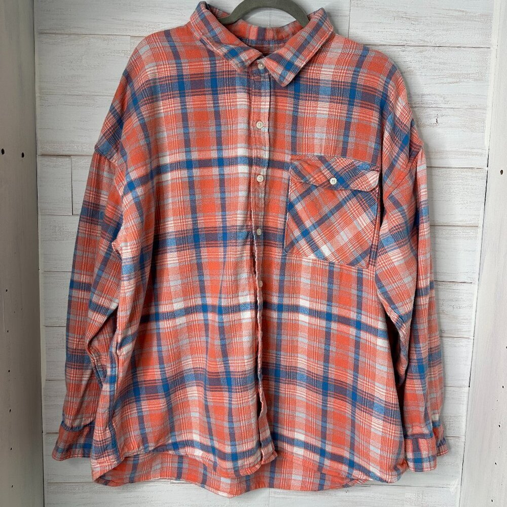 NWOT Edgar + Ash Mens Flannel Shirt Size XL Orange and Blue Button Up Plaid
